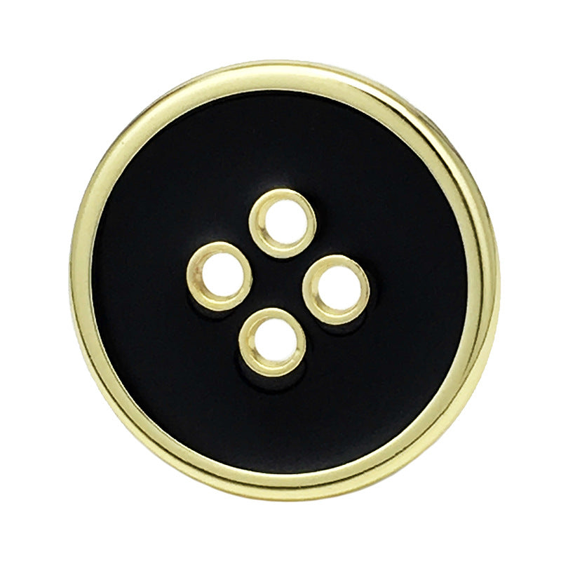 Round four-hole metal button, black face with gold rim, 10–25 mm