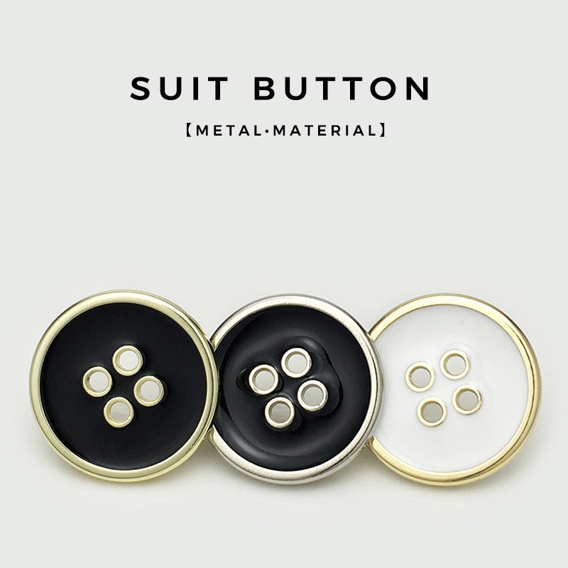 Round four-hole metal buttons set: black with gold rim, black with silver rim, white with gold rim