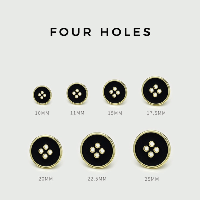 Round four-hole metal buttons, black face with gold rim, sizes 10–25 mm