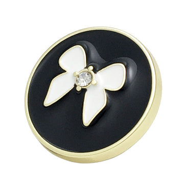 Round metal bowknot button, black enamel with white bow and crystal center detail