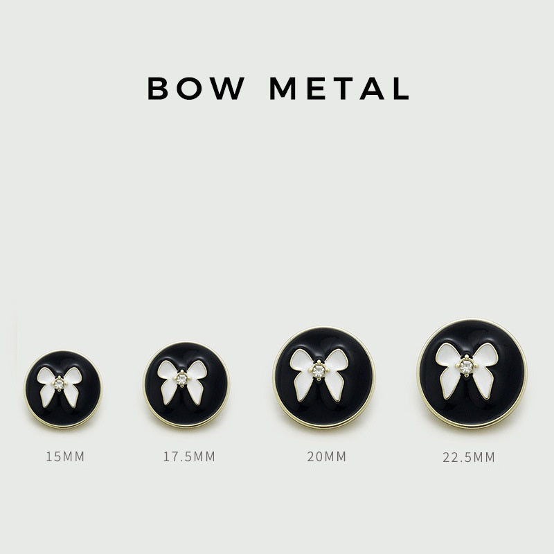 Set of round metal bowknot buttons (15mm–22.5mm) in black with white bow, crystal