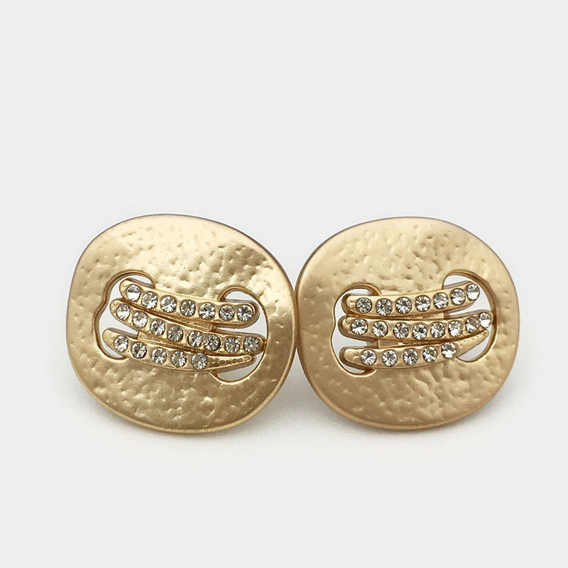 Pair of gold irregular metal buttons with diamond rhinestone center and decorative bars