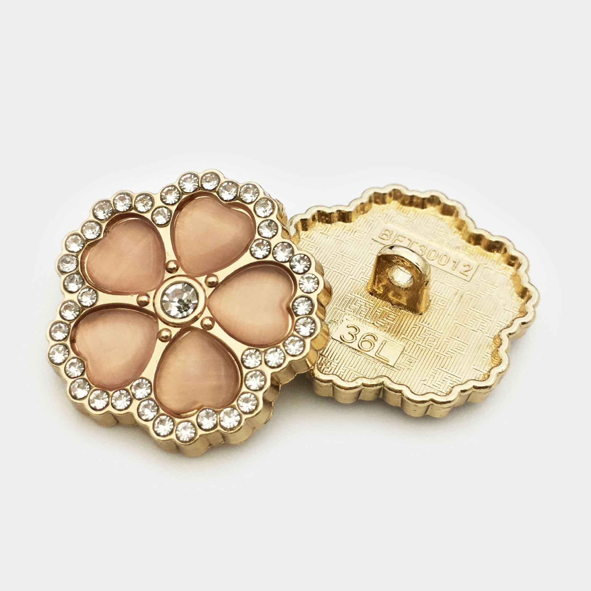 25mm Flower diamond metal button, blush-pink petals with rhinestone border and back
