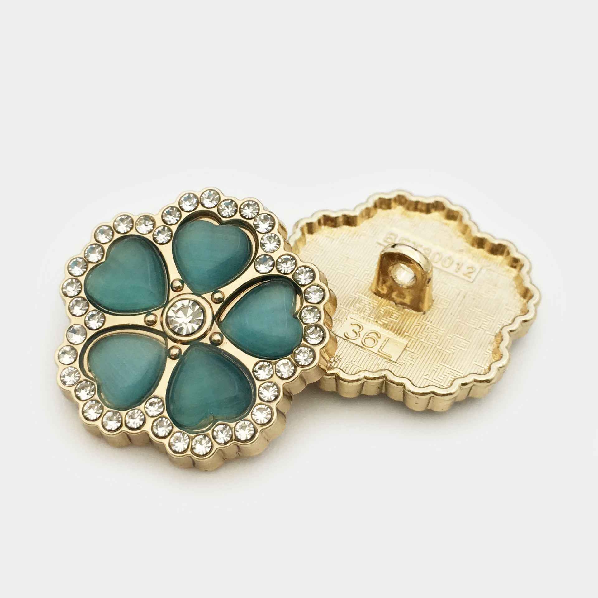 25mm Flower diamond metal button, teal-green petals with rhinestone border and back pin