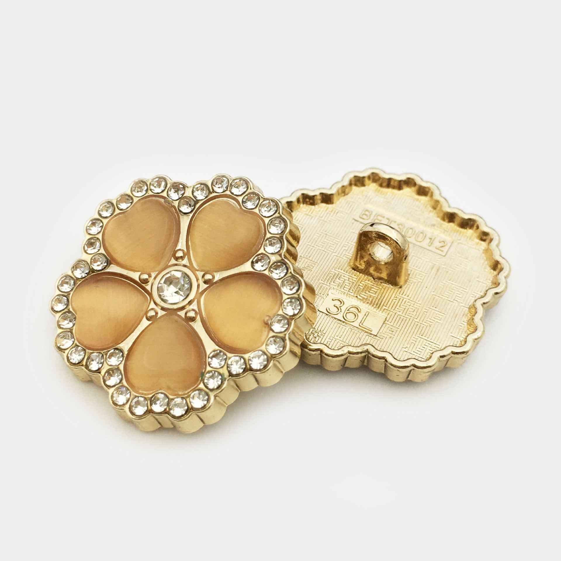 25mm Flower diamond metal button, champagne petals with rhinestone border and back view