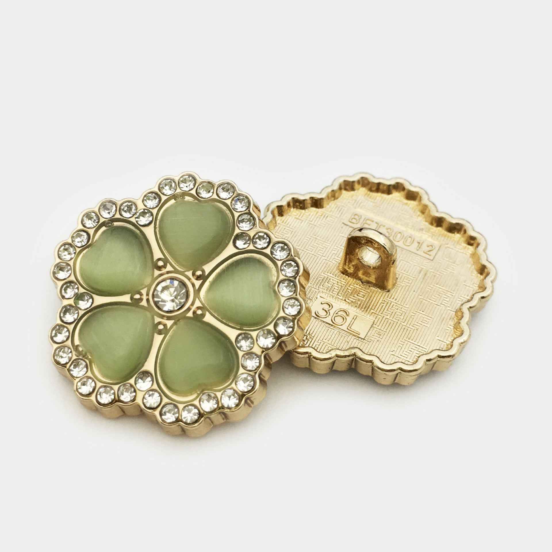25mm Flower diamond metal button, light-green petals with rhinestone border and back pin