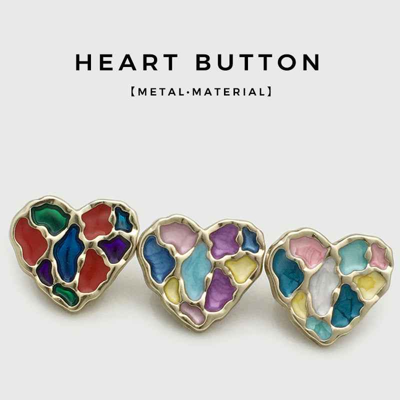 Heart buttons, multicolor enamel, front view (red, blue, purple)