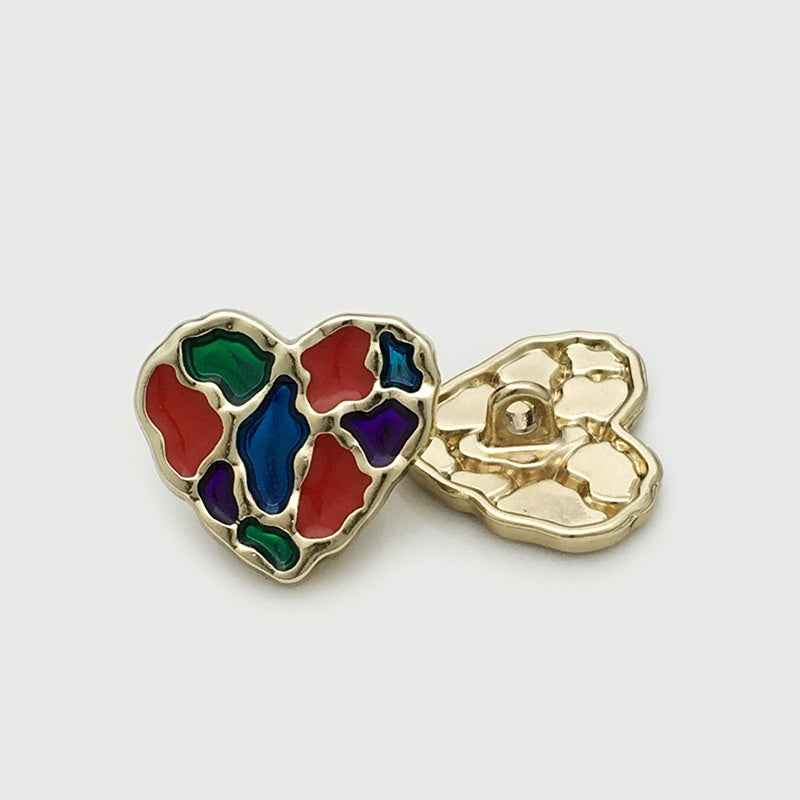 Heart-shaped button pair, multicolor enamel front and gold back with shank