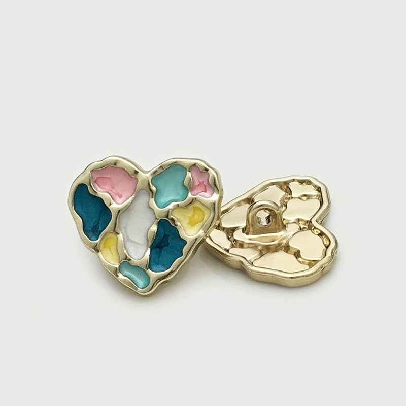 Heart-shaped button pair, pastel enamel (pink, teal, yellow, blue) and gold back