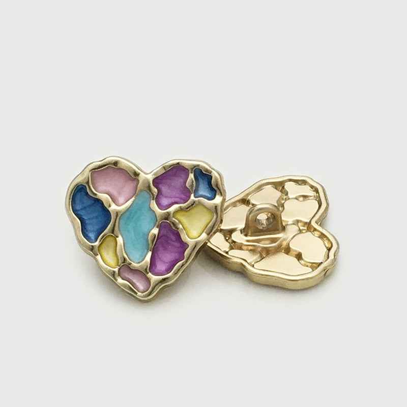 Heart-shaped button pair, purple-blue enamel with yellow accents and gold back