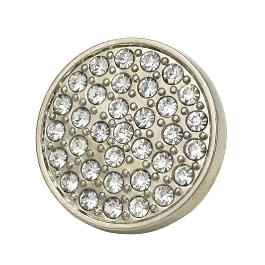 Silver coat button, round metal with clear rhinestones, diamond-set front