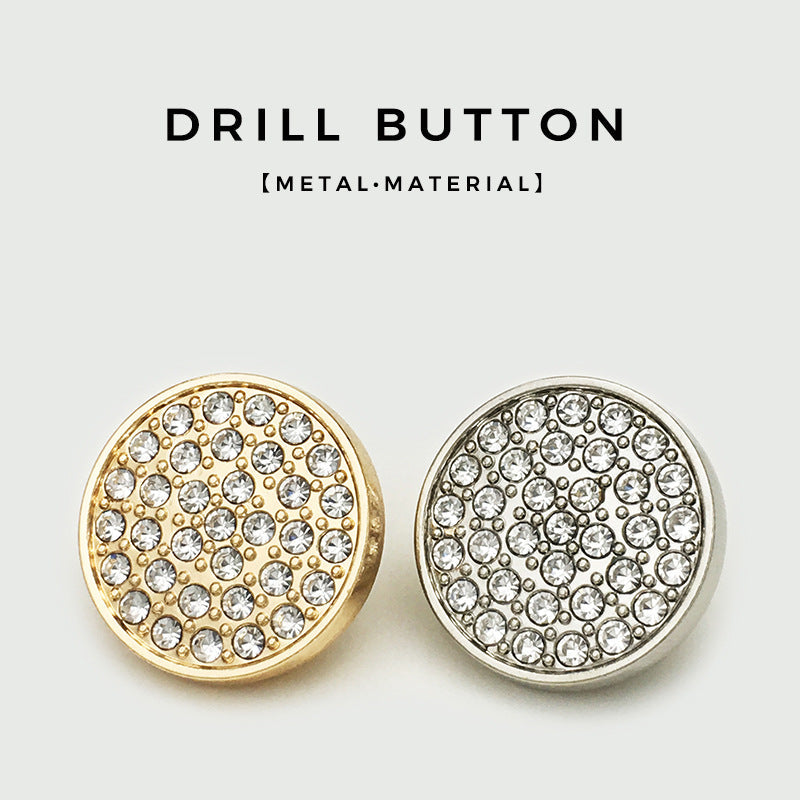 Gold and silver coat buttons with clear rhinestones, round metal, front view