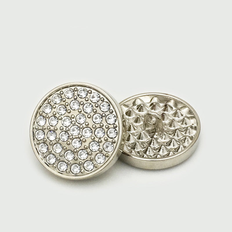 Silver coat button pair: rhinestone front and ridged back, round metal