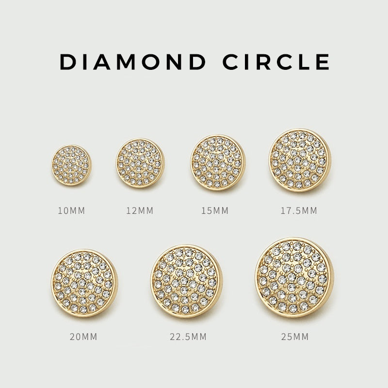 Gold diamond-circle buttons with clear rhinestones, round fronts, 10–25 mm