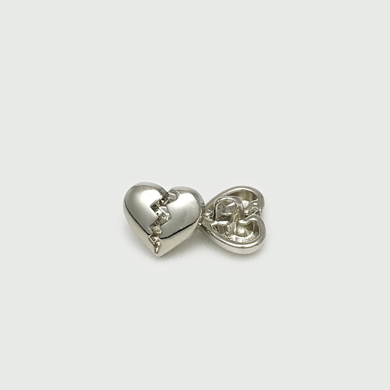 Silver heart-shaped metal shirt button front with back shank, 11mm