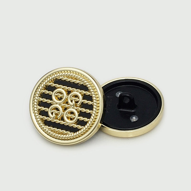 Gold double-circle metal button, black back, front ring detail, 20pcs