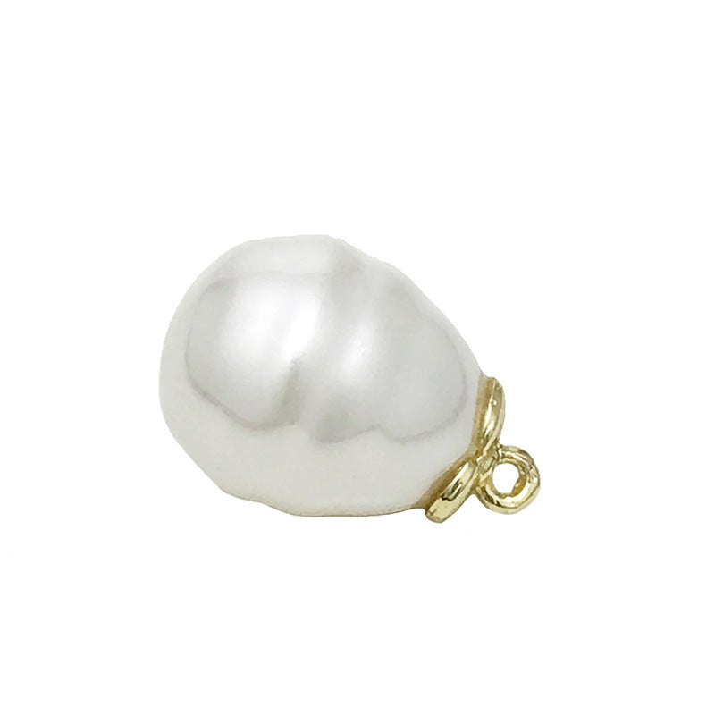 White irregular pearl sewing button, gold shank loop, 12/14mm