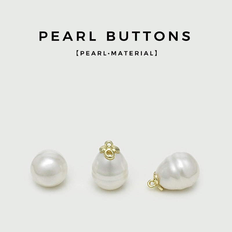 White irregular pearl sewing buttons with gold shank loops, 3 views
