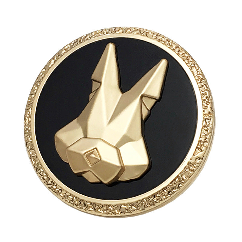 Round metal rabbit-head 3D button with shank, gold-tone rim, dark center