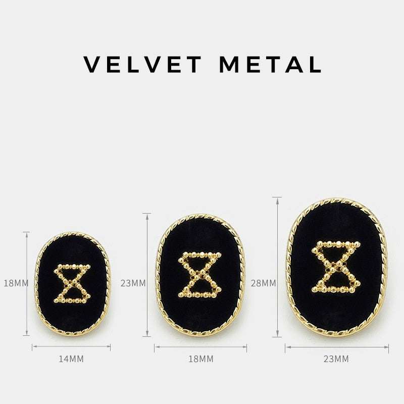 Oval velvet metal buttons in sizes 18mm, 23mm, 28mm with gold bead designs
