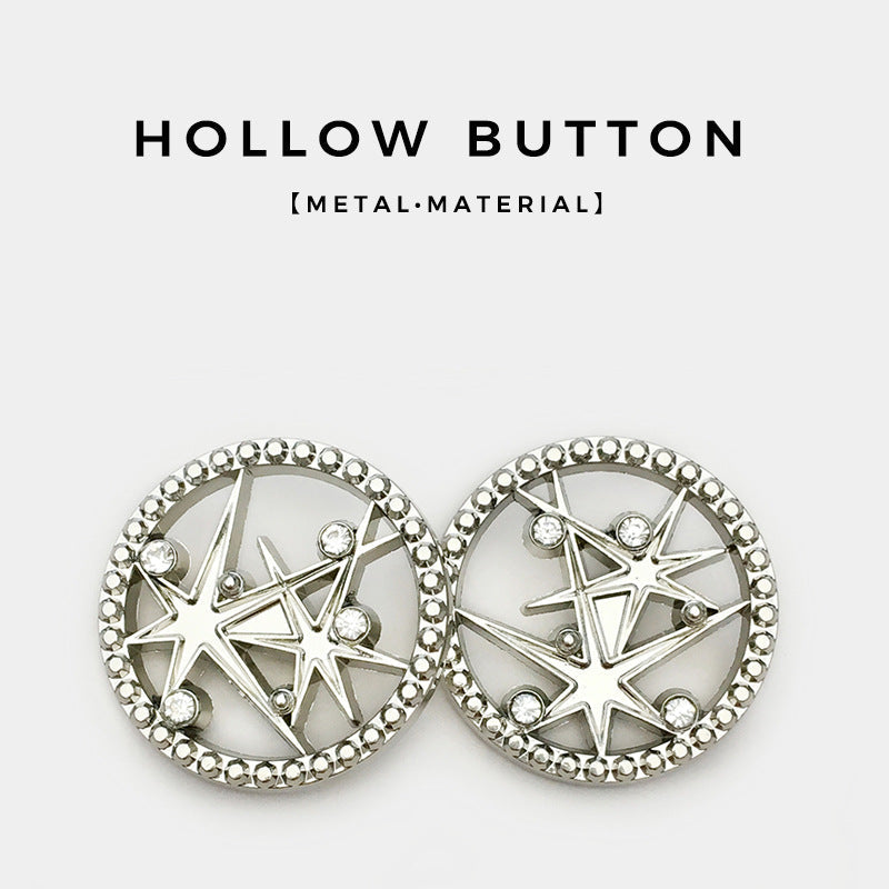 Two silver round metal buttons, hollow star design with rhinestone border and shank
