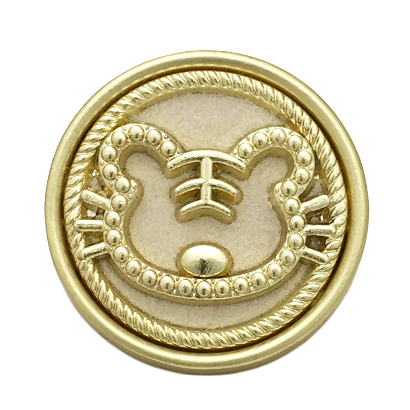 25mm round velvet metal tiger button, gold frame, light cream face with nose detail