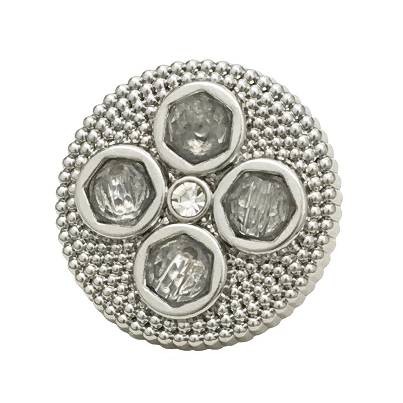 Silver four-leaf clover diamond metal button with faceted stones and bead border.