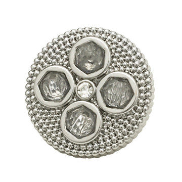 Silver four-leaf clover diamond metal button with faceted stones and bead border.
