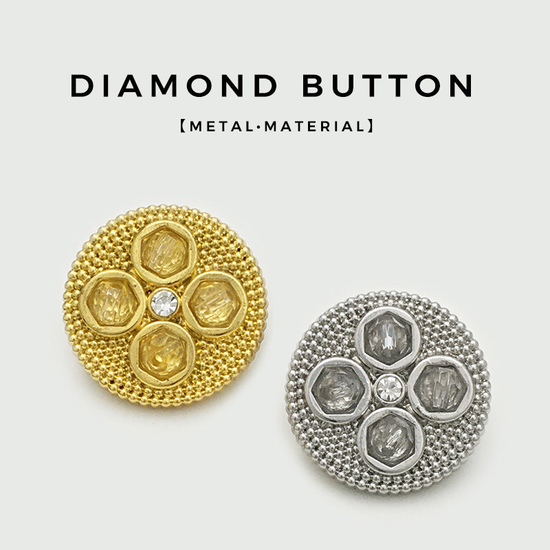 Gold and silver four-leaf clover diamond metal buttons with faceted stones, 1 each.