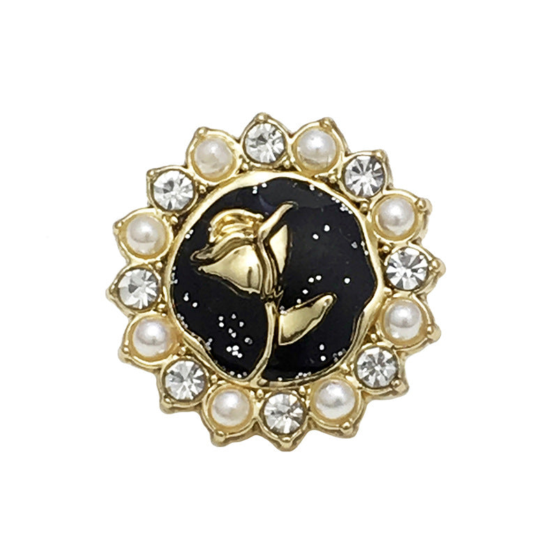 Black flower shirt button with gold bird, faux pearls and clear rhinestones border