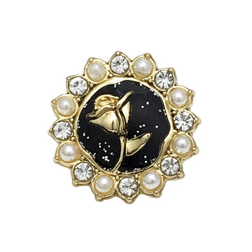 Black flower shirt button with gold bird, faux pearls and clear rhinestones border