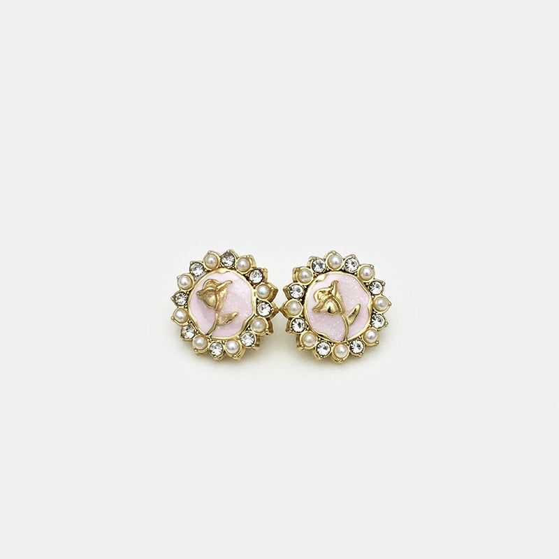 Pair of pink flower shirt buttons with gold bird, faux pearls and clear rhinestones