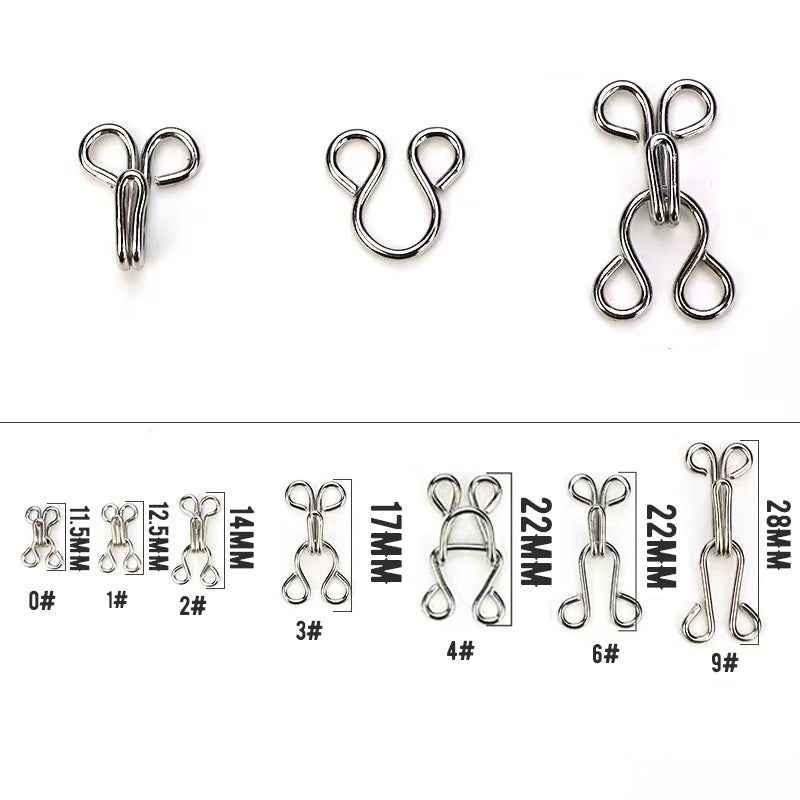 11.5–32mm metal hook-and-eye fasteners, size chart showing #0–#9
