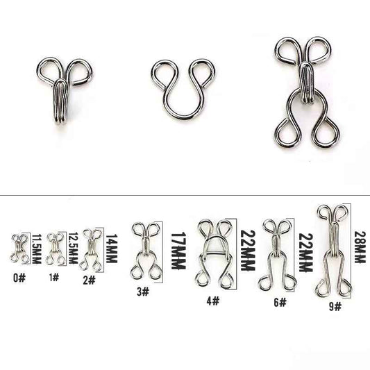 11.5–32mm metal hook-and-eye fasteners, size chart showing #0–#9