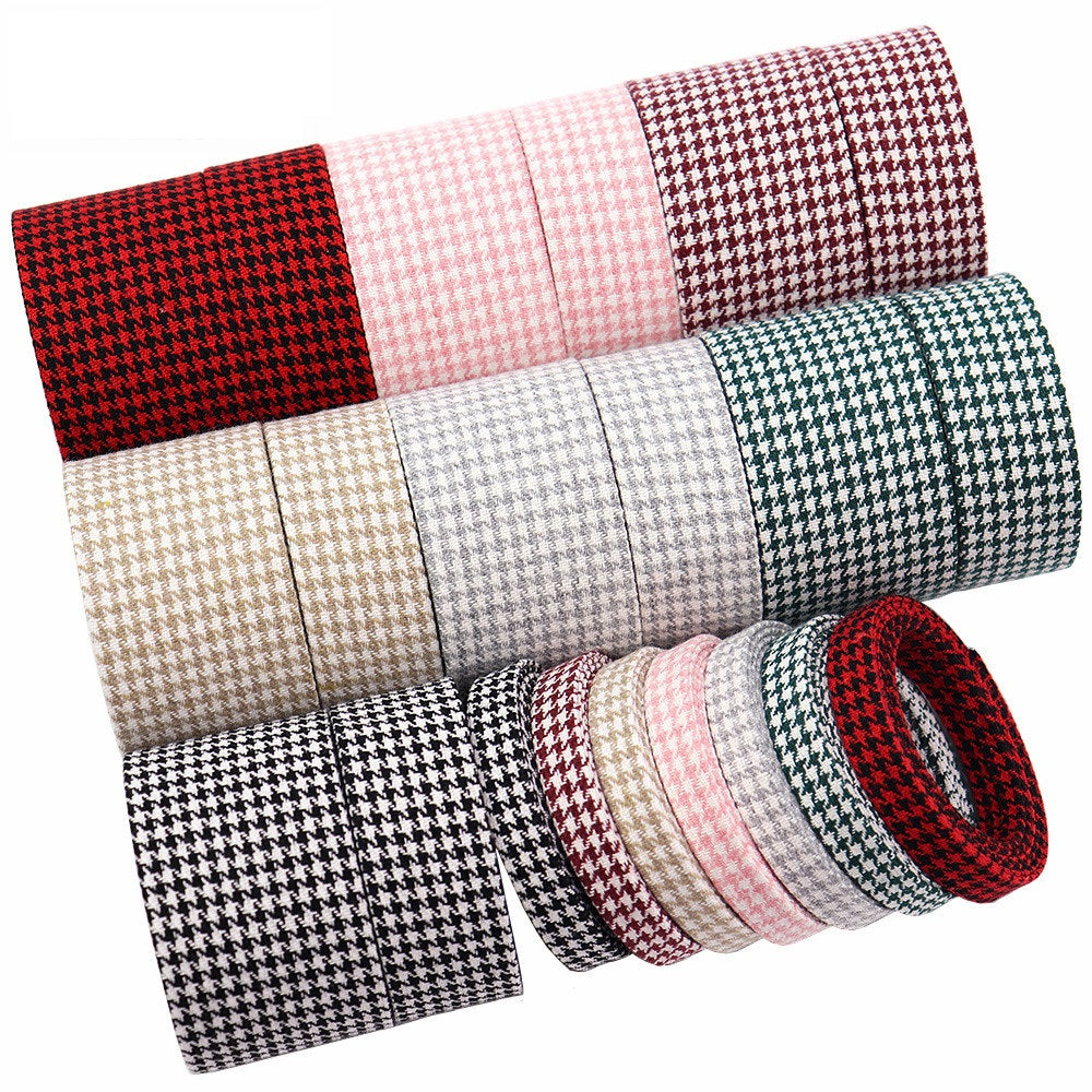 Houndstooth bias tape bow ribbons, mixed red pink green beige and black rolls, folded
