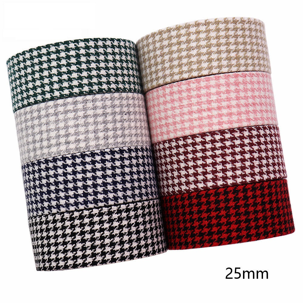 25mm houndstooth bias tape bow ribbon stack, green, beige, pink, navy and red