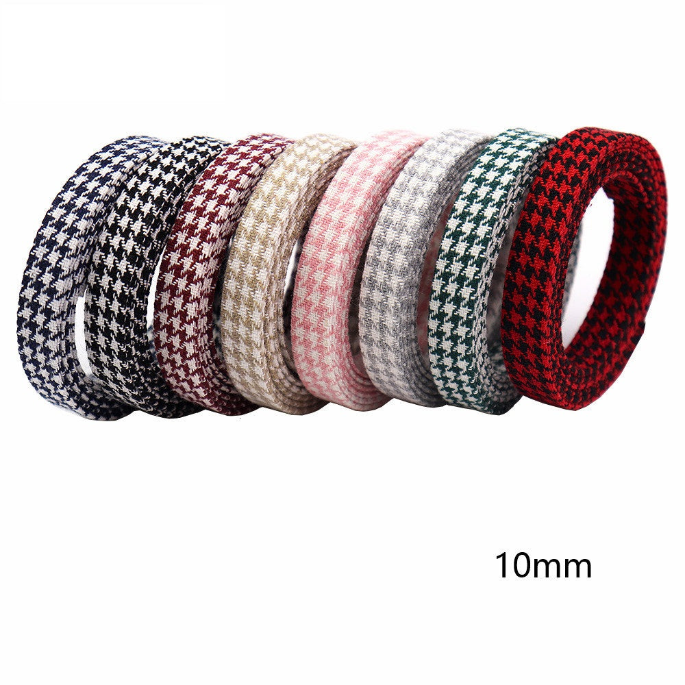 10mm houndstooth bias tape ribbon, multi-color roll with red, green, cream and navy
