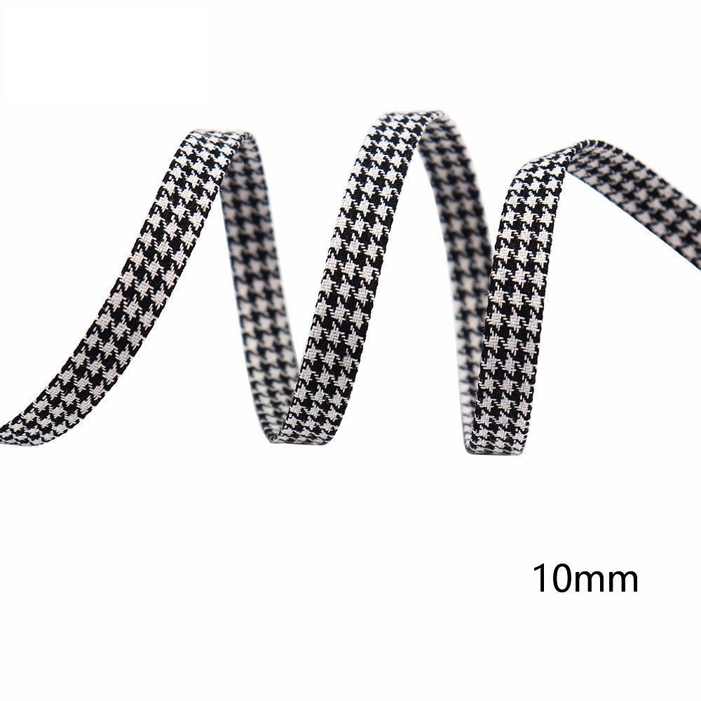 10mm cotton houndstooth bias tape bow ribbon, black/white, narrow trim