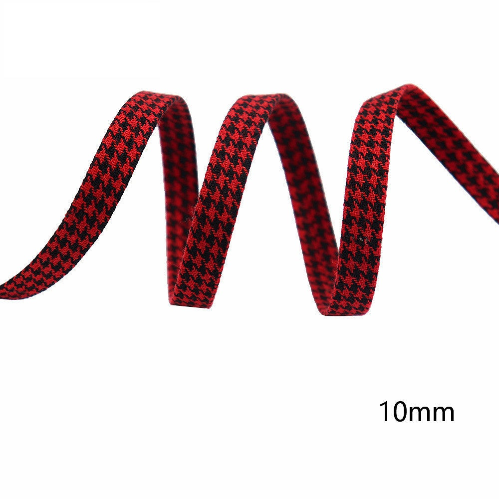 10mm houndstooth bias tape ribbon, dark red with black houndstooth pattern