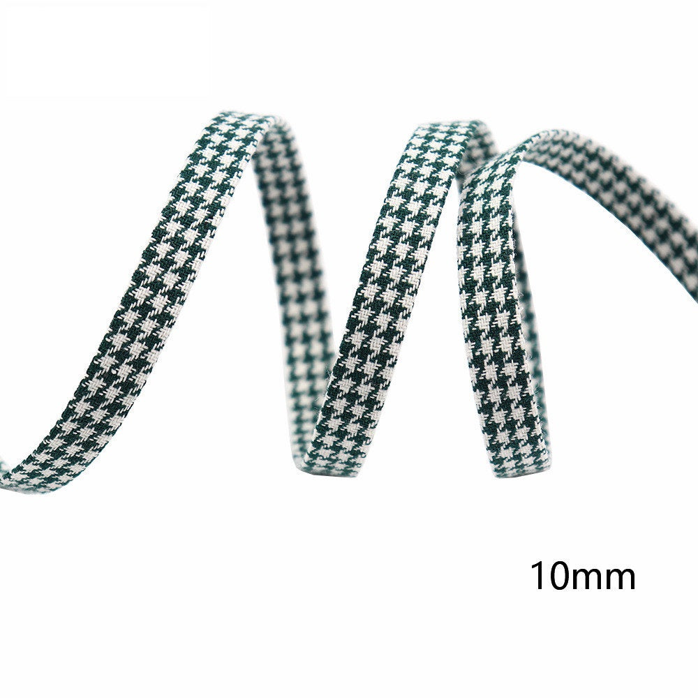 10mm houndstooth bias tape ribbon, dark green with white houndstooth weave