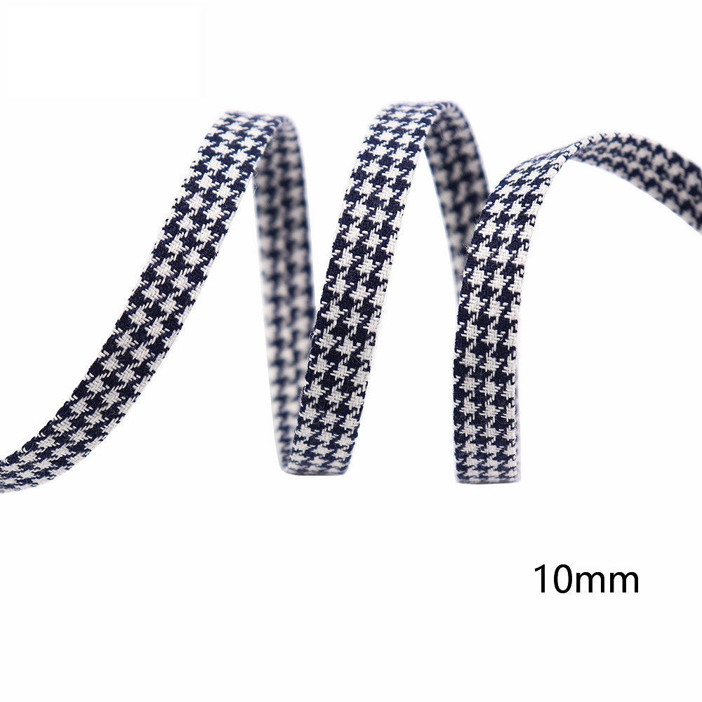 10mm cotton houndstooth bias tape bow ribbon, navy/cream, narrow trim