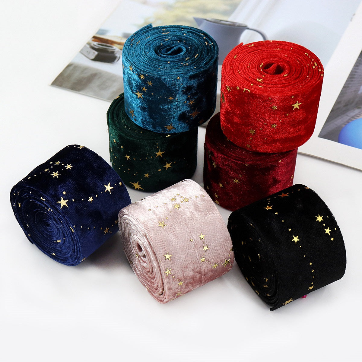 Rolled embroidered velvet ribbon set: teal, dark green, light pink, red, black with gold stars