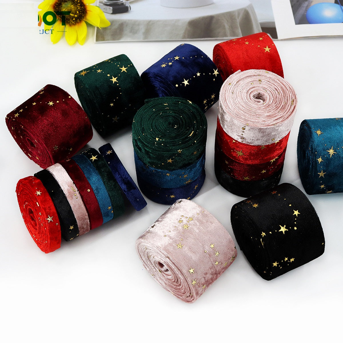 Embroidered velvet ribbon rolls: red, navy, green, light pink, black with gold stars