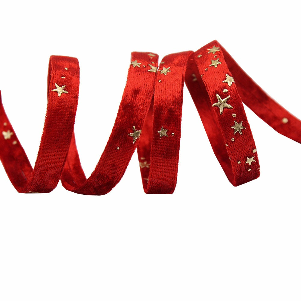 Red velvet ribbon with gold star embroidery, curled ribbon length