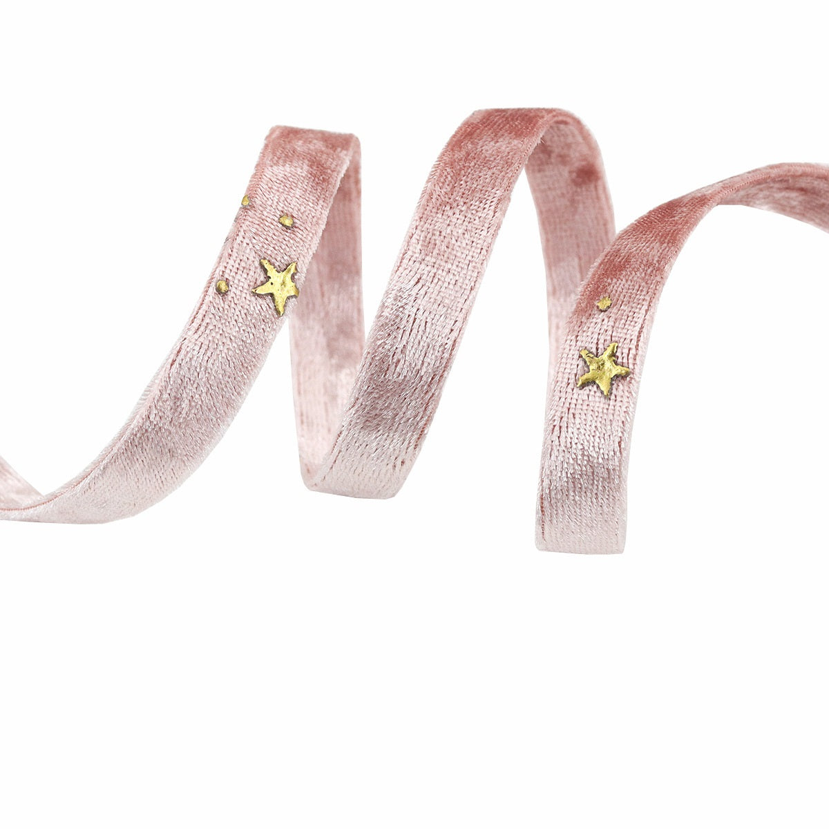 Light pink velvet ribbon with small gold star embroidery, curled length