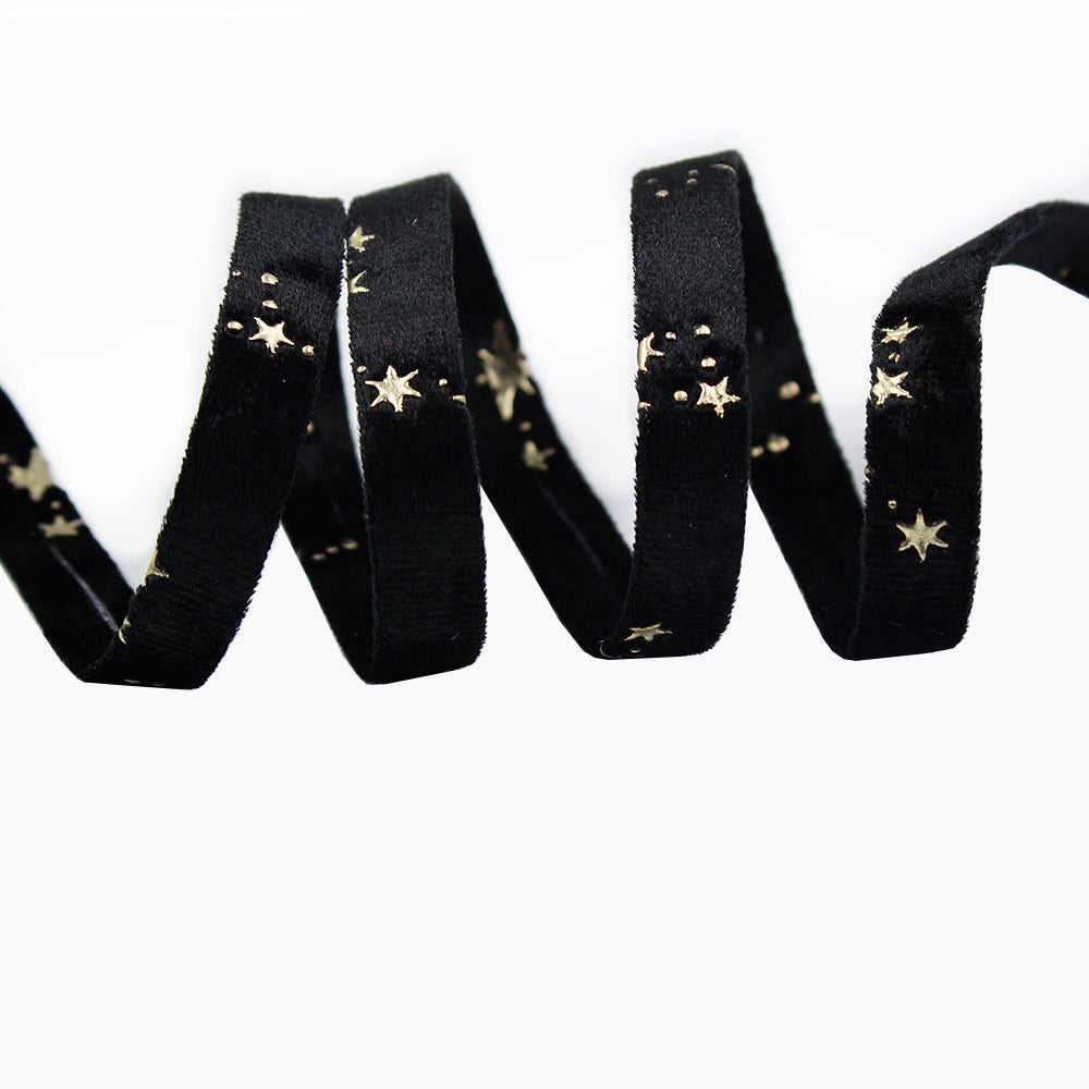 Embroidered velvet ribbon, black with gold star motifs, 10/25/50 mm