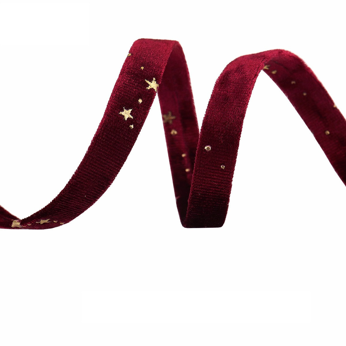 Deep red velvet ribbon with gold star embroidery, curled strip