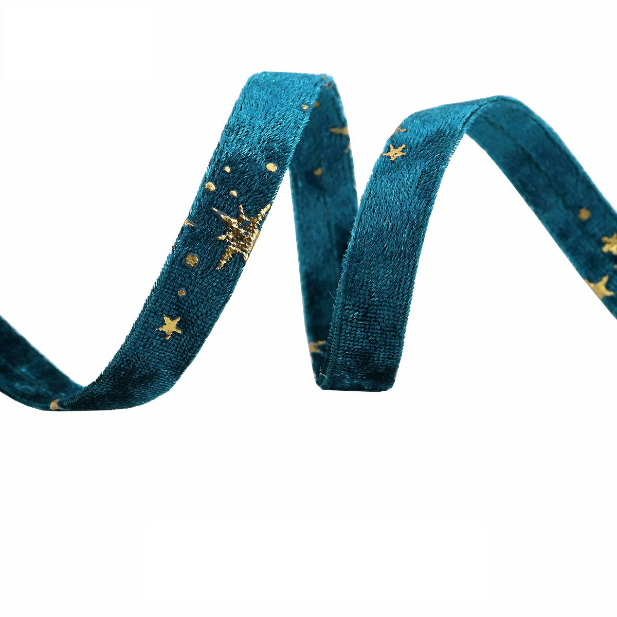 Teal velvet ribbon with gold star embroidery, flexible rolled length