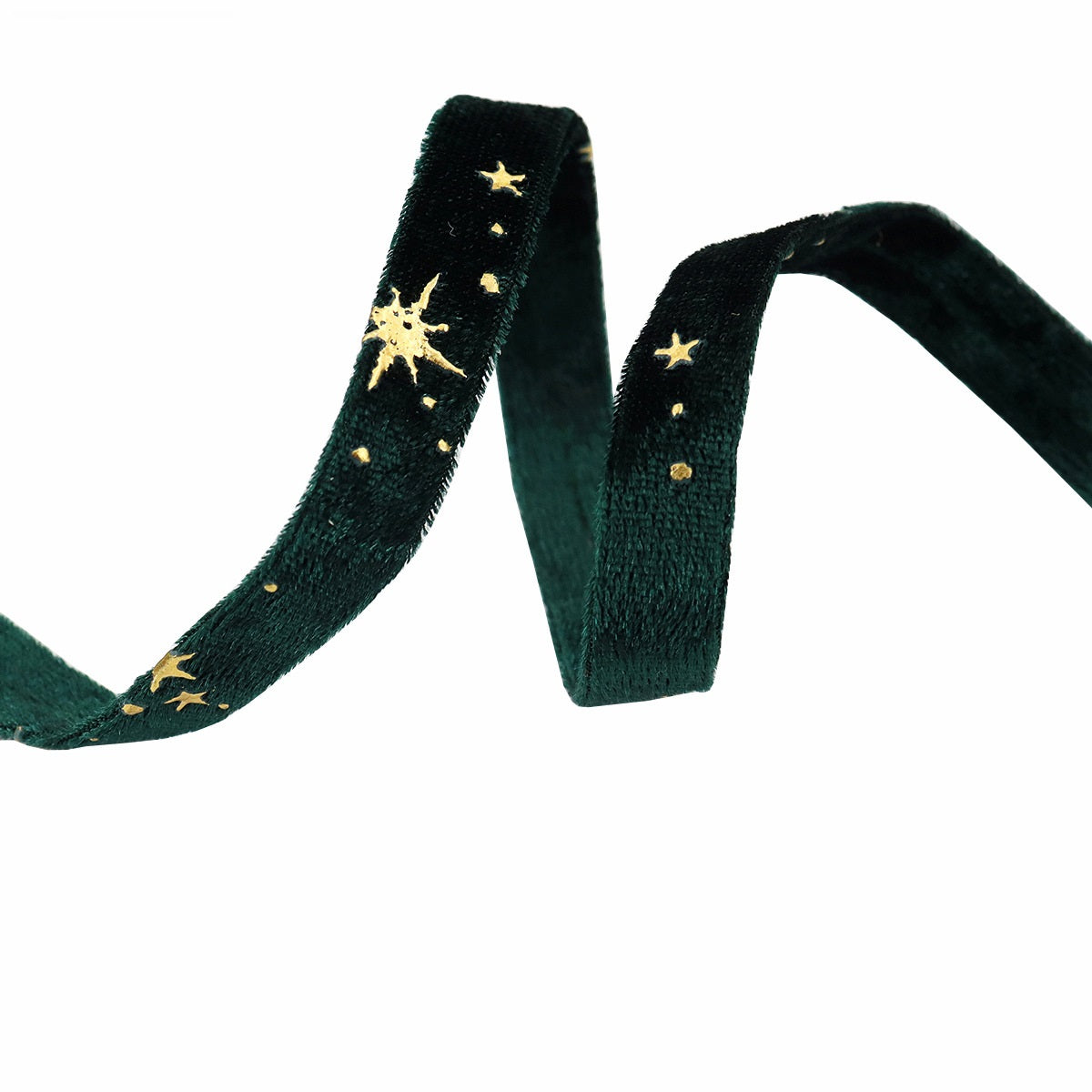 Embroidered velvet ribbon, dark green with gold star motifs, 10/25/50 mm