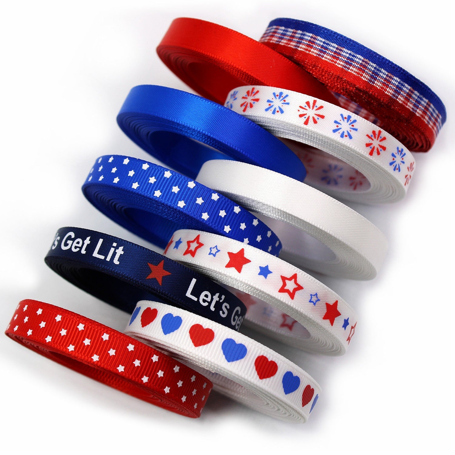 Assorted 9mm ribbons in red/white/blue with stripes, stars and heart motifs